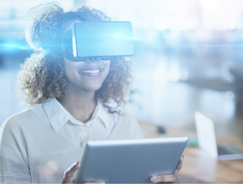 Young woman wearin Virtual Reality headset